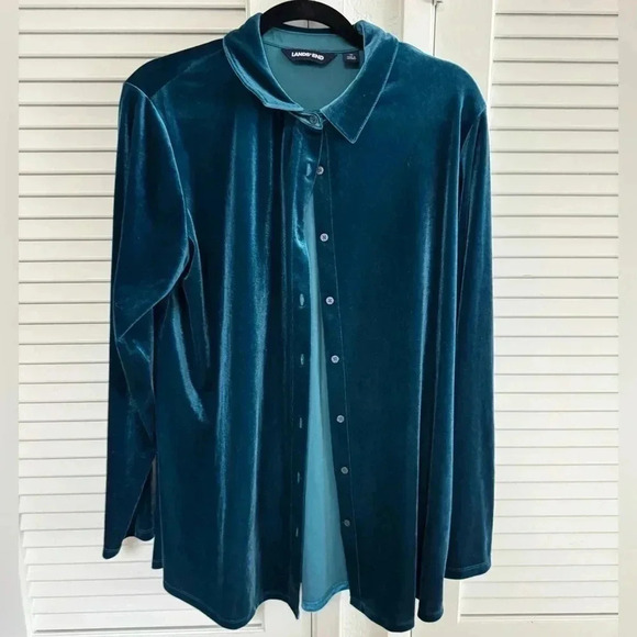 Lands End Holiday Velvet Teal Button Down - Women’s xl - Picture 1 of 4